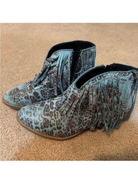 Very G Teal Leopard Fringe Ankle Booties
